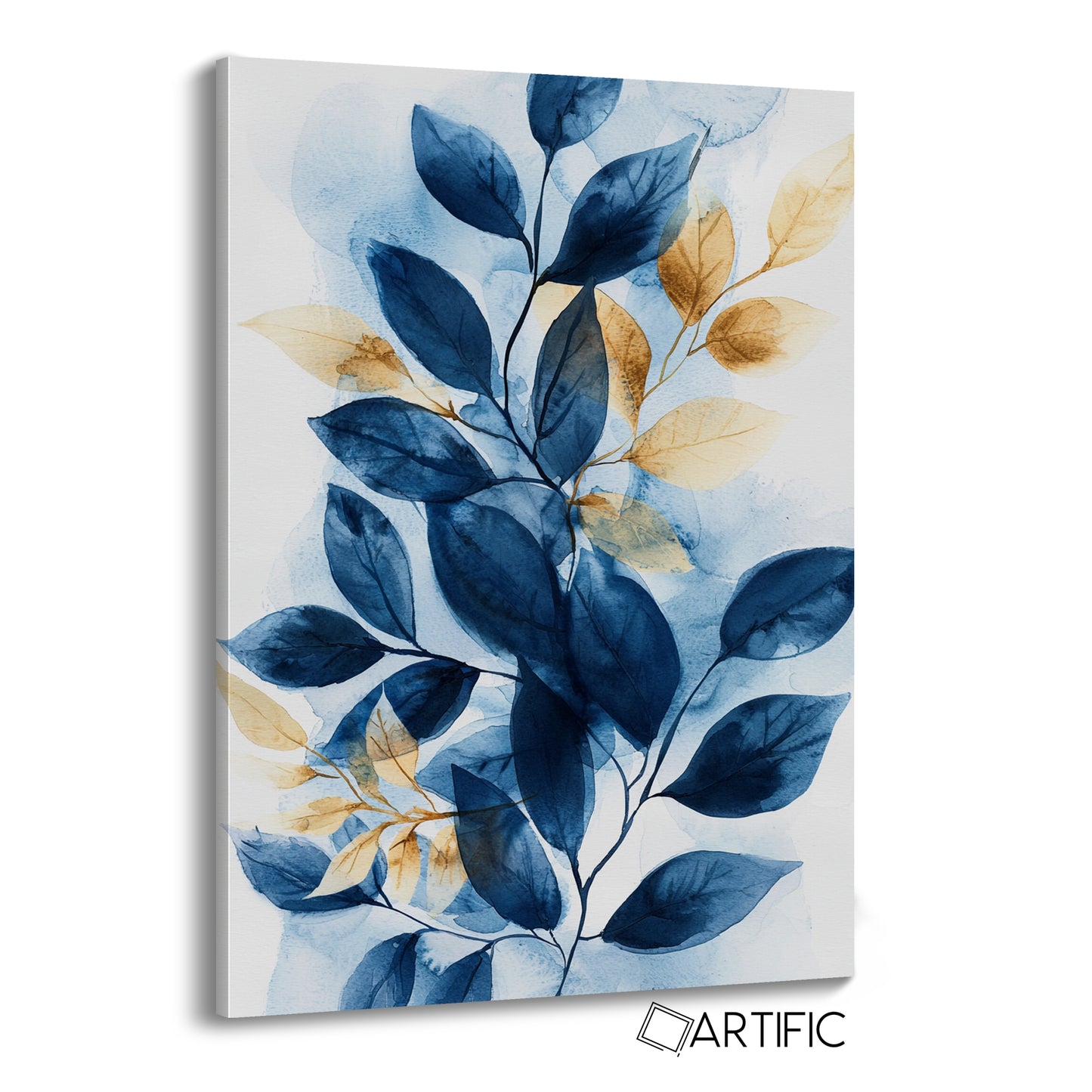 Acuarela de hojas azul y dorado