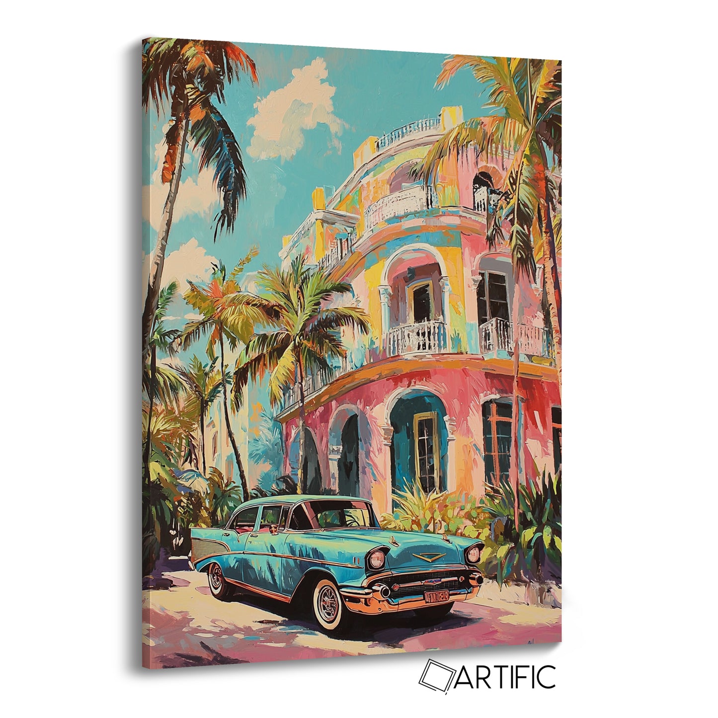 Coche Retro y Mansión Tropical